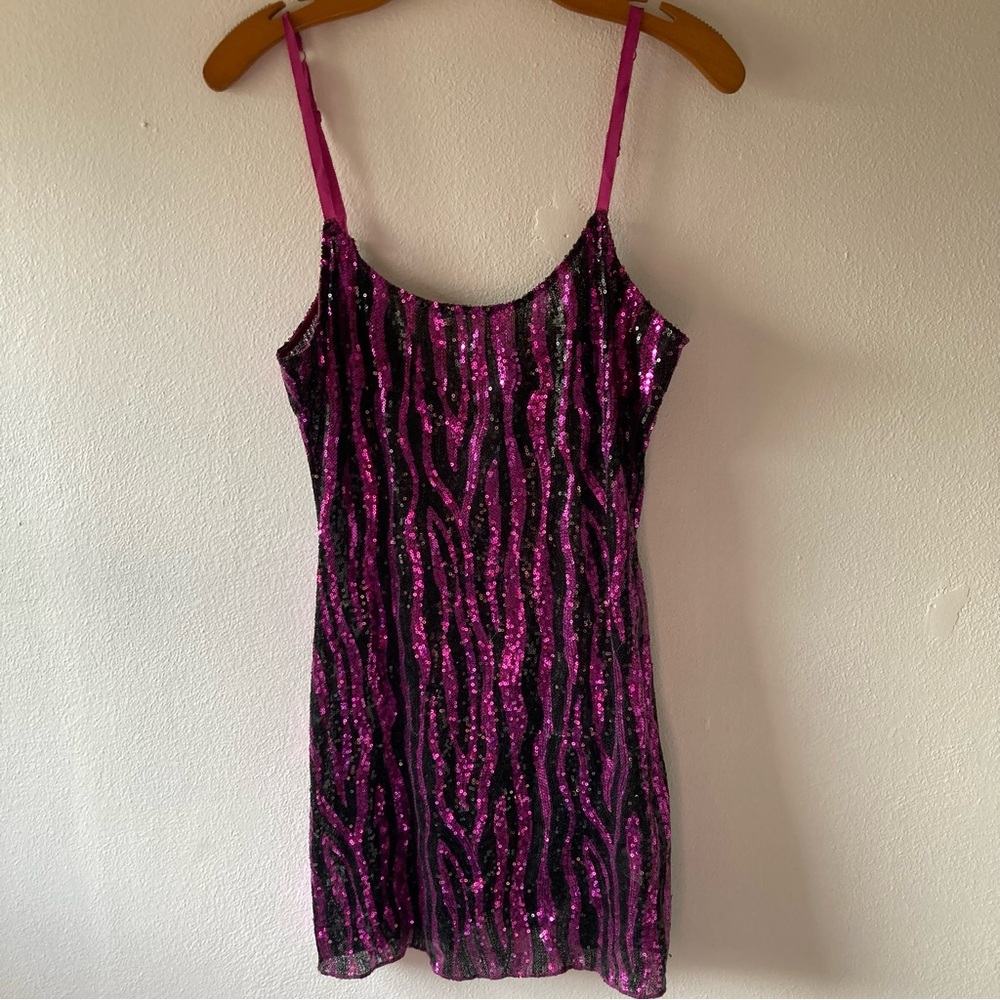 Sequin Slip Mini Dress in Fuchsia Black